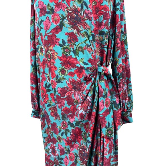 Talbots Midi Dress 14 Floral Jewel Tone Teal Red Faux Wrap Side Tie Long Sleeve - Picture 7 of 16